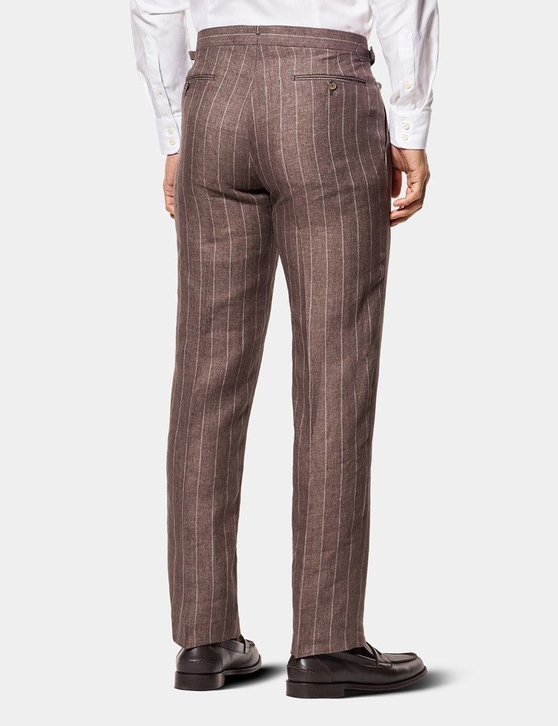 Tailored Fit Dark Brown Stripe 1913 Linen Suit Trousers With Side Adjusters thumbnail 4