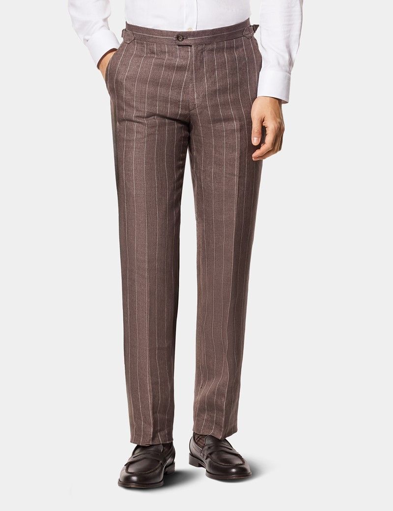Tailored Fit Dark Brown Stripe 1913 Linen Suit Trousers With Side Adjusters thumbnail 2