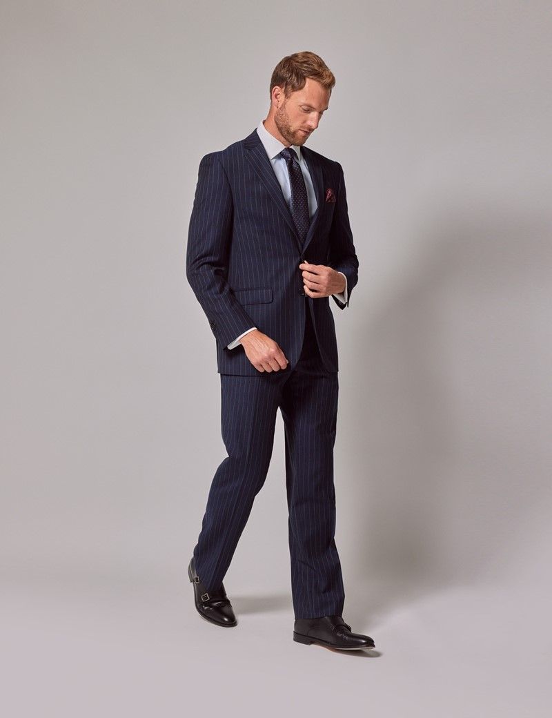 Men's Navy Chalk Stripe Classic Fit Suit Trousers | Hawes & Curtis