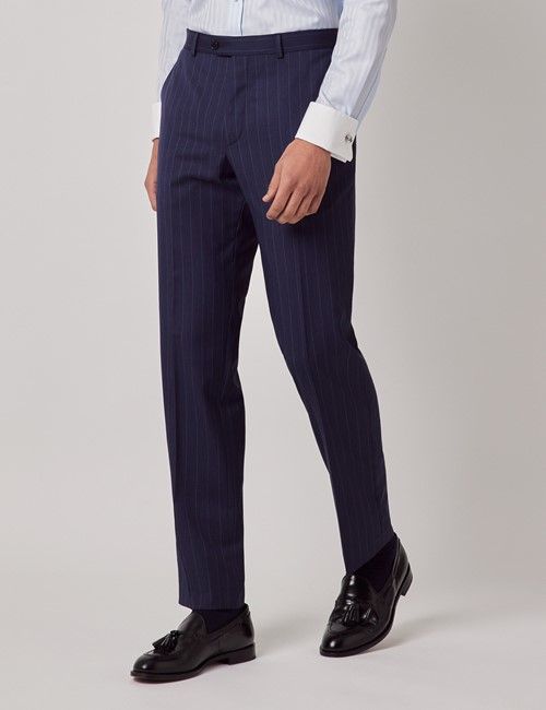 Navy Herringbone Stripe Italian Wool Tailored Fit Suit Pants - 1913 Collection