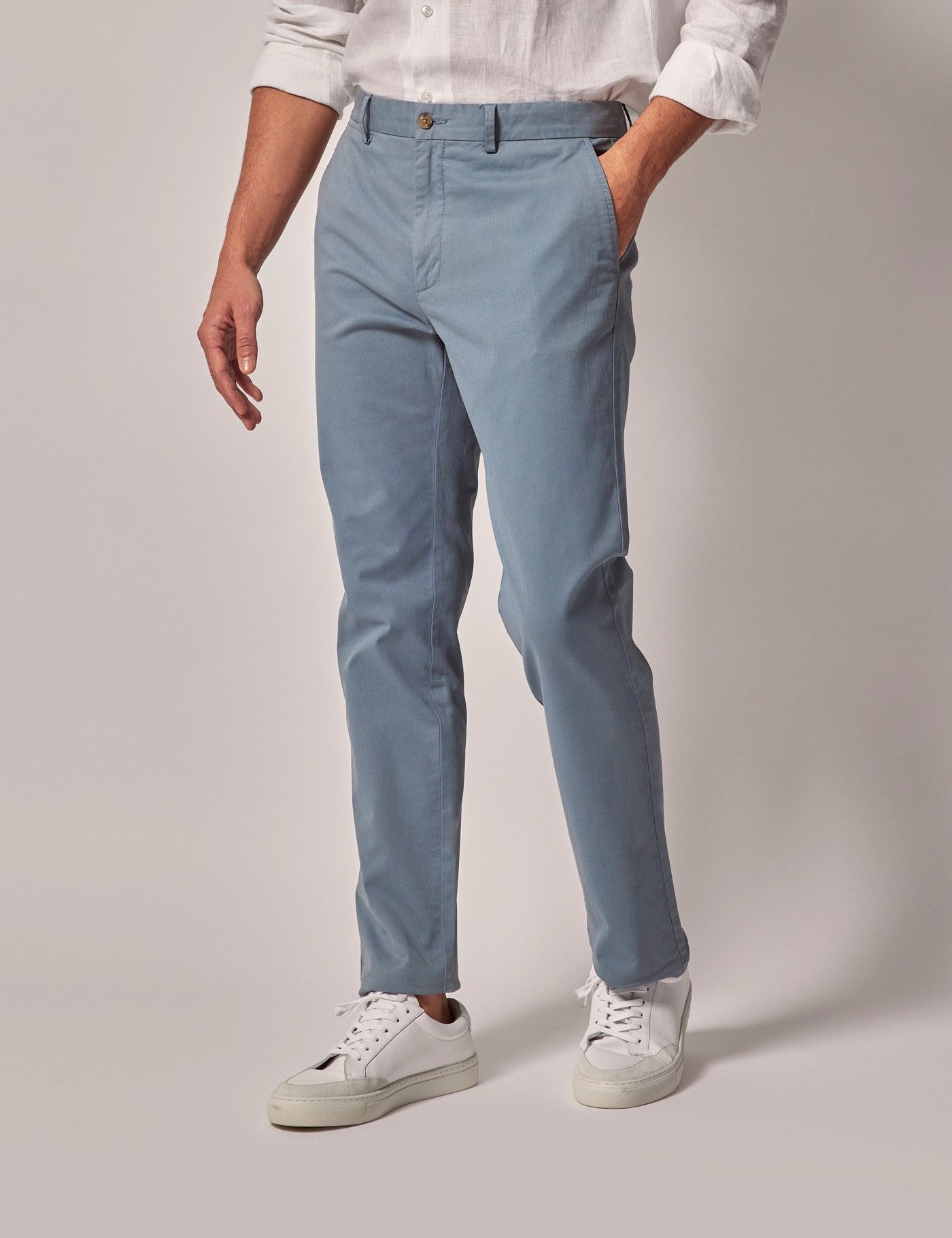 Men's Sea Blue Garment Dyed Cotton Stretch Slim Fit Chinos| Hawes and ... image.