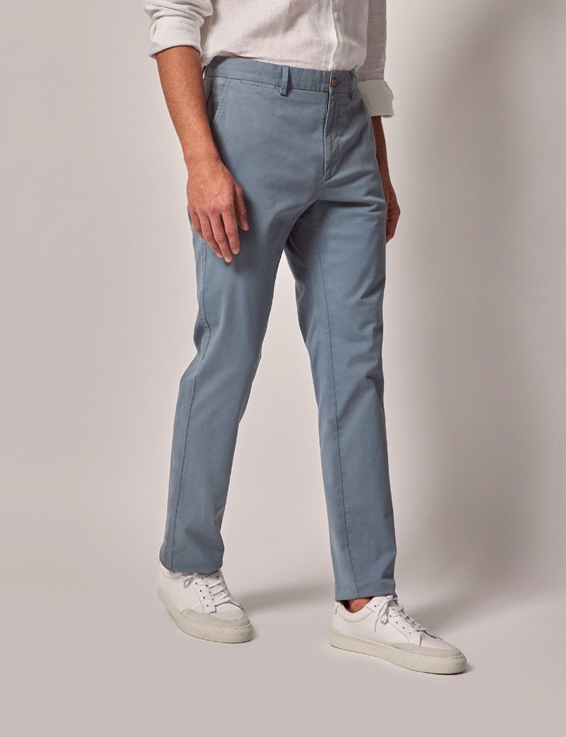 Men's Sea Blue Garment Dyed Cotton Stretch Chinos | Hawes and Curtis image.