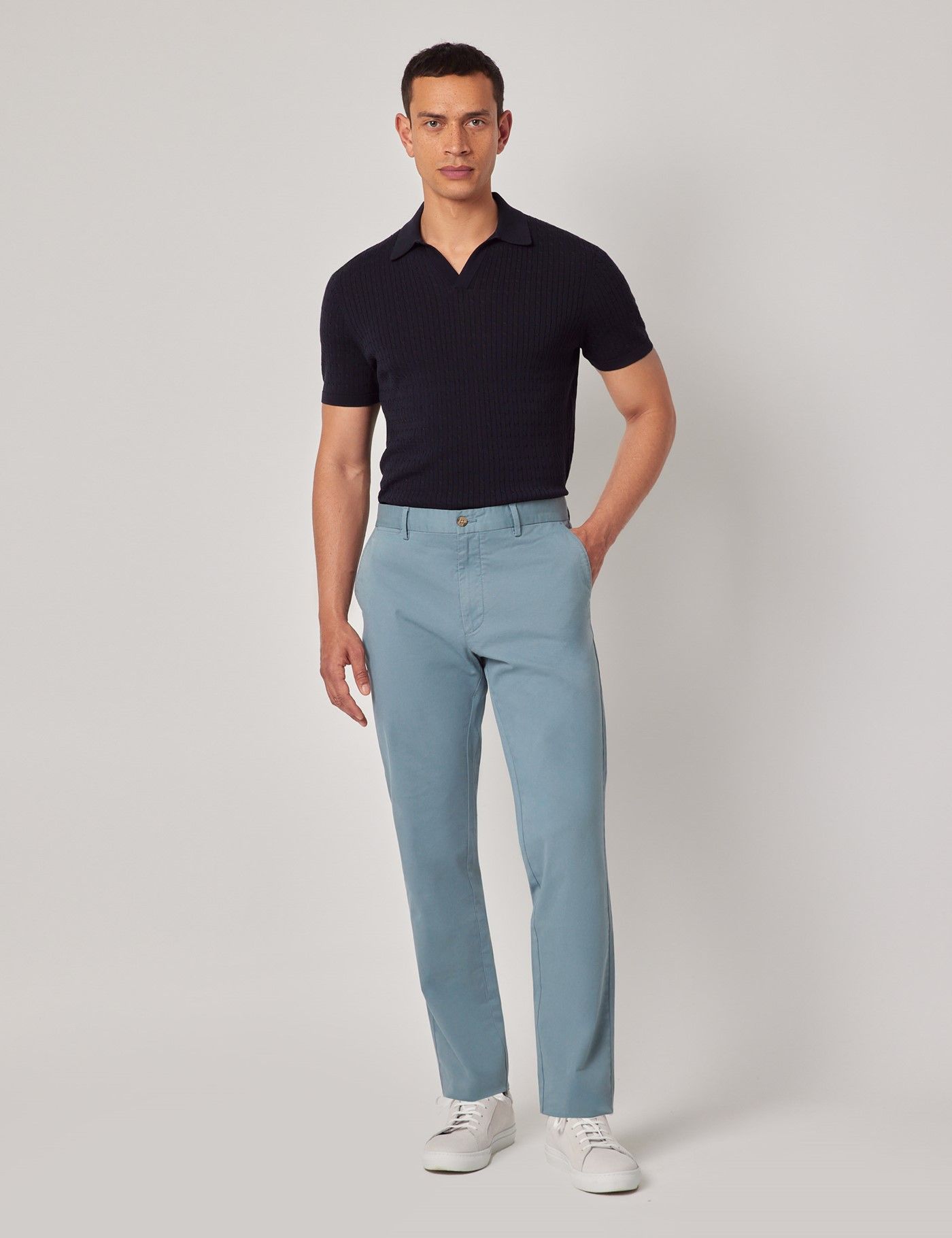Men's Sea Blue Garment Dyed Cotton Stretch Slim Fit Chinos