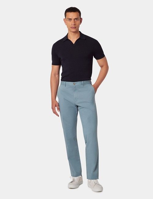 Sea Blue Garment Dyed Cotton Stretch  Slim Fit Chinos