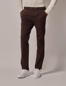 Dark Brown Garment Dyed Cotton Stretch Slim Fit Chinos