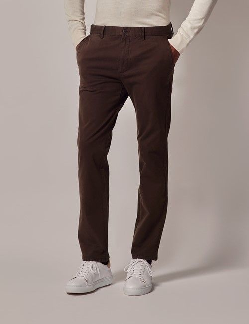 Dark Brown Garment Dyed Cotton Stretch Slim Fit Chinos