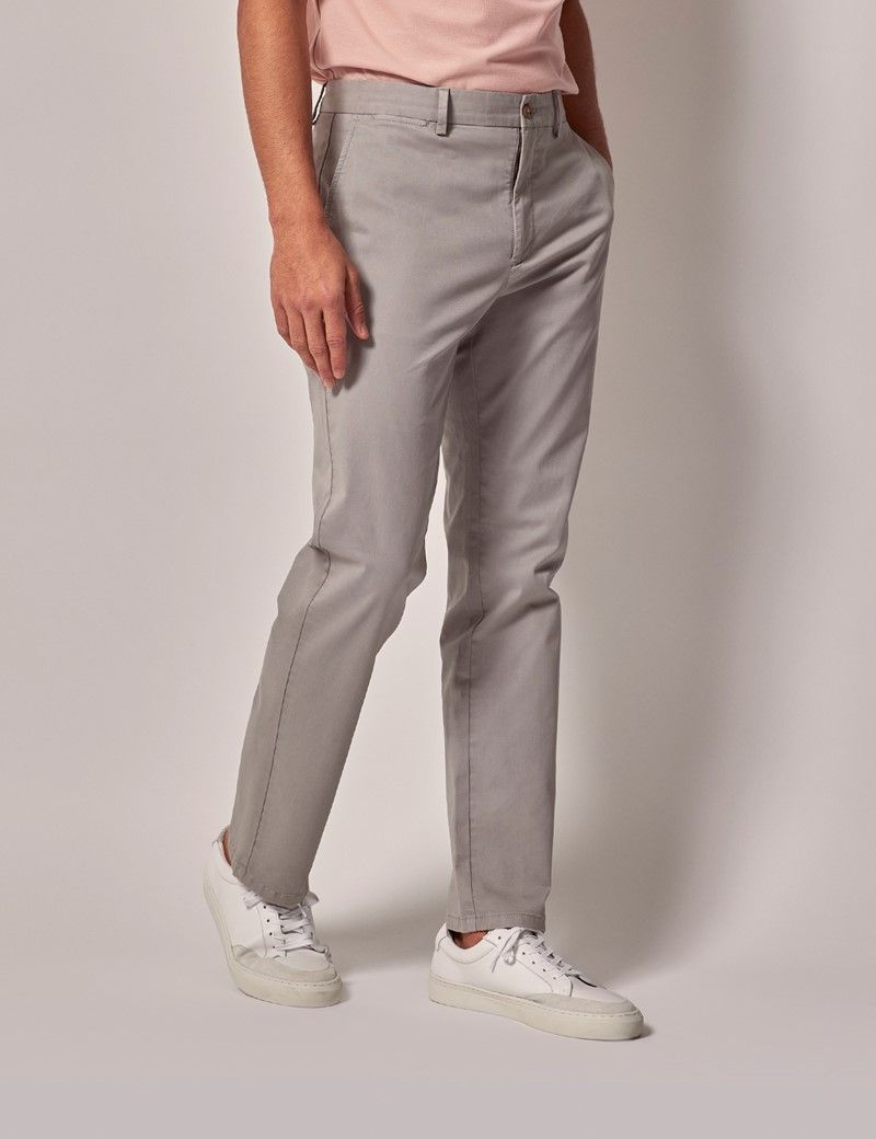 Men's Light Grey Garment Dyed Cotton Stretch Chinos | Hawes and Curtis image.