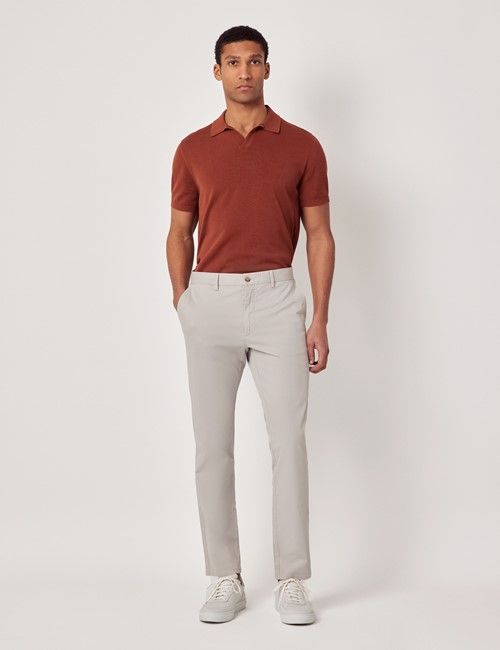 Pale Grey Garment Dyed Cotton Stretch Slim Fit Chinos
