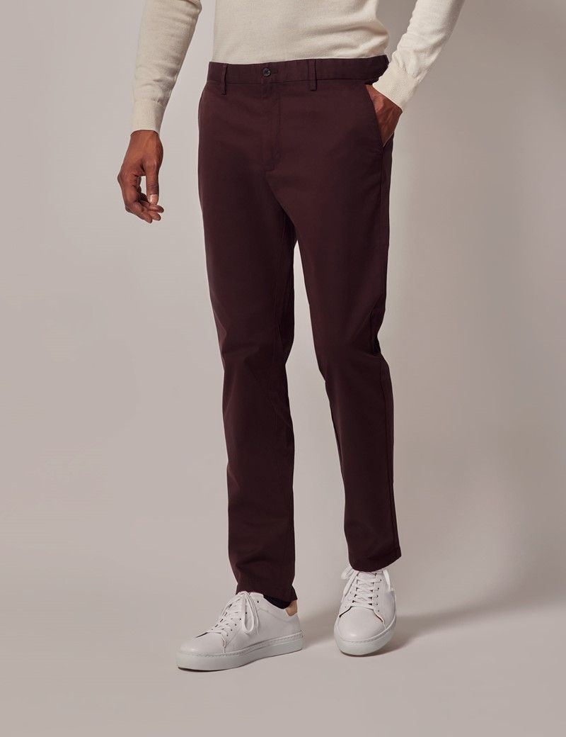 Men's Deep Claret Garment Dyed Cotton Stretch Chinos | Hawes and Curtis