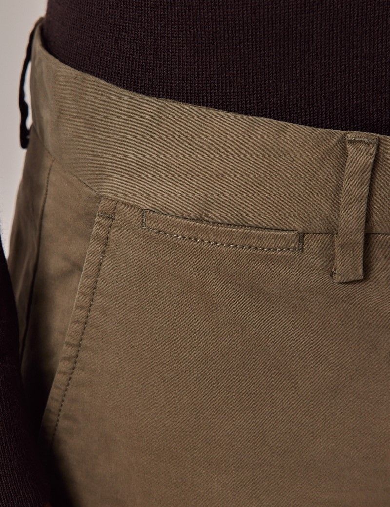 Men's Dark Olive Garment Dyed Cotton Stretch Chinos | Hawes and Curtis image.