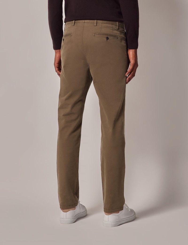 Men's Dark Olive Garment Dyed Cotton Stretch Chinos | Hawes and Curtis