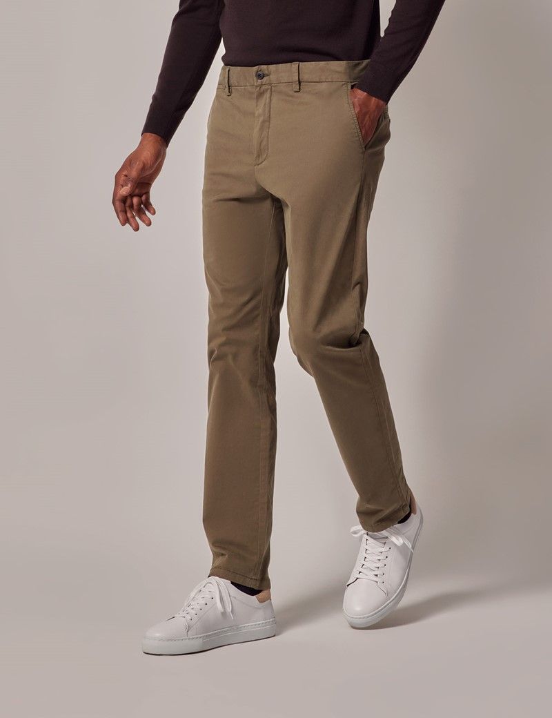 Men's Dark Olive Garment Dyed Cotton Stretch Chinos | Hawes and Curtis