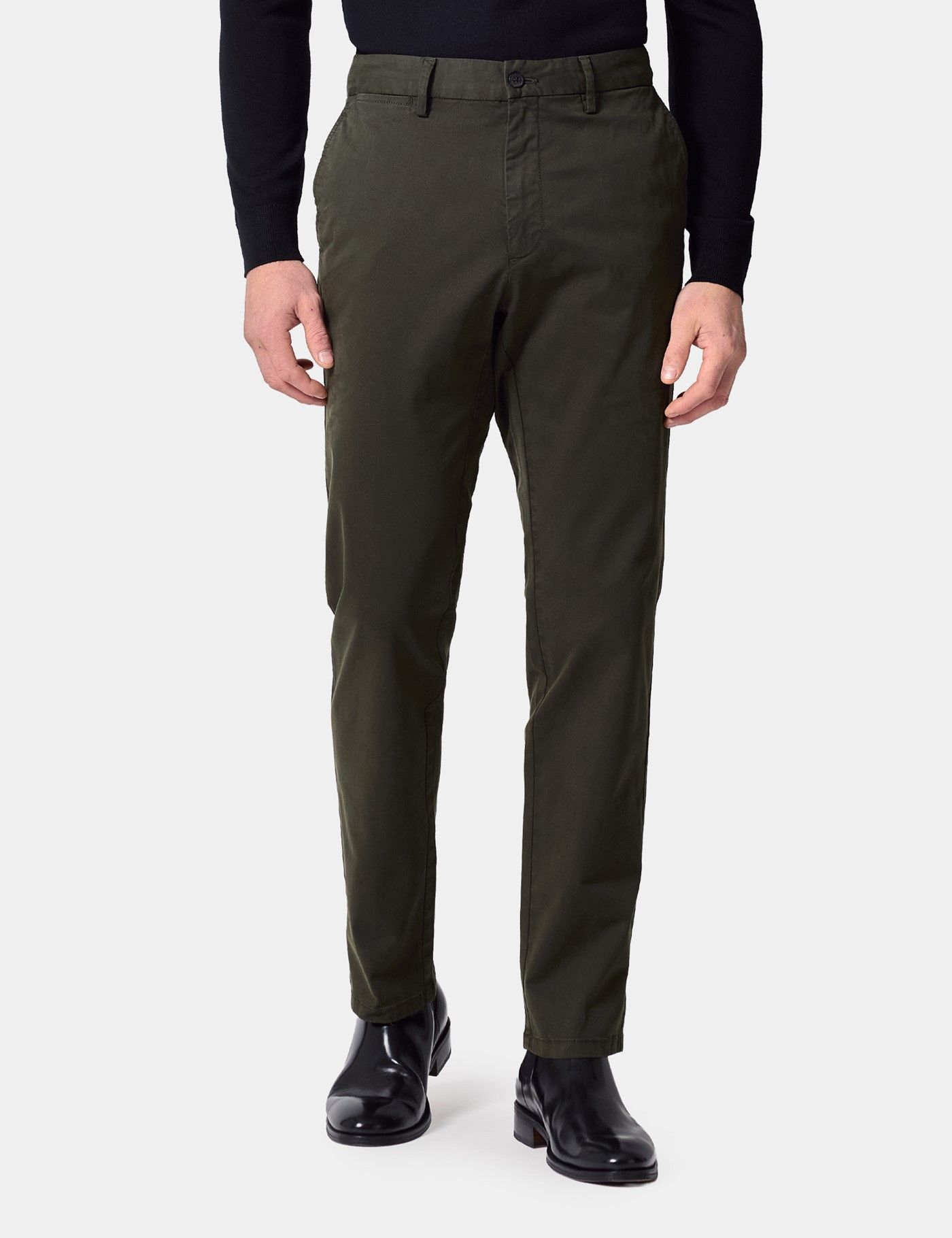 Men's Dark Olive Garment Dyed Cotton Stretch Slim Fit Chinos