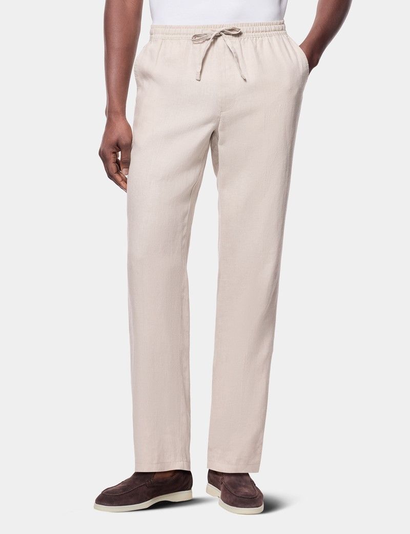 Stone Linen Drawstring Trousers - Machine Washable