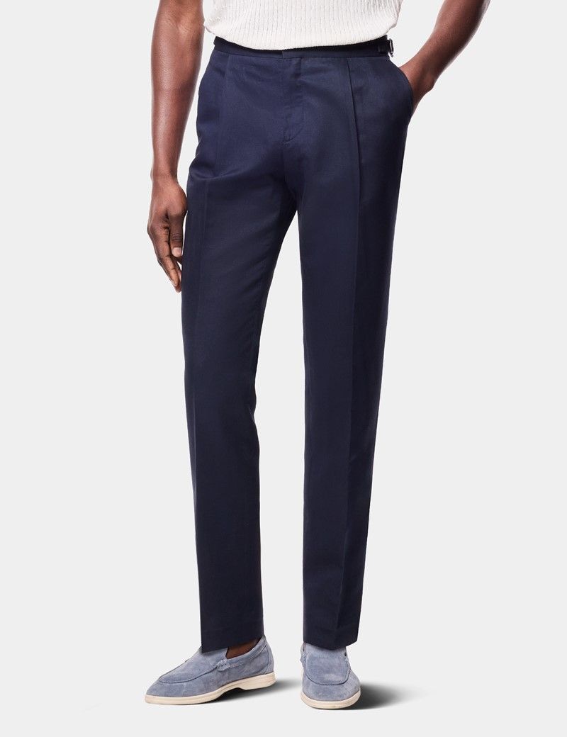 Regular Fit Navy Pleated Trousers With Side Adjusters