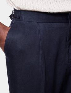 Regular Fit Navy Pleated Trousers With Side Adjusters