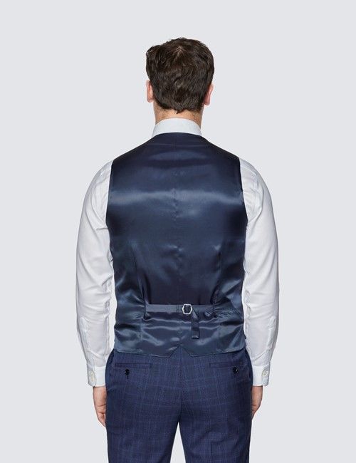 Men's Navy Prince of Wales Tonal Check Slim Fit Waistcoat-preview