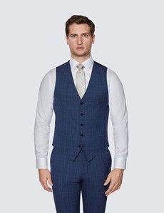 Men's Navy Prince of Wales Tonal Check Slim Fit Waistcoat