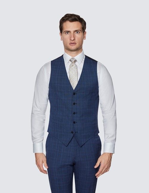 Men's Navy Prince of Wales Tonal Check Slim Fit Waistcoat