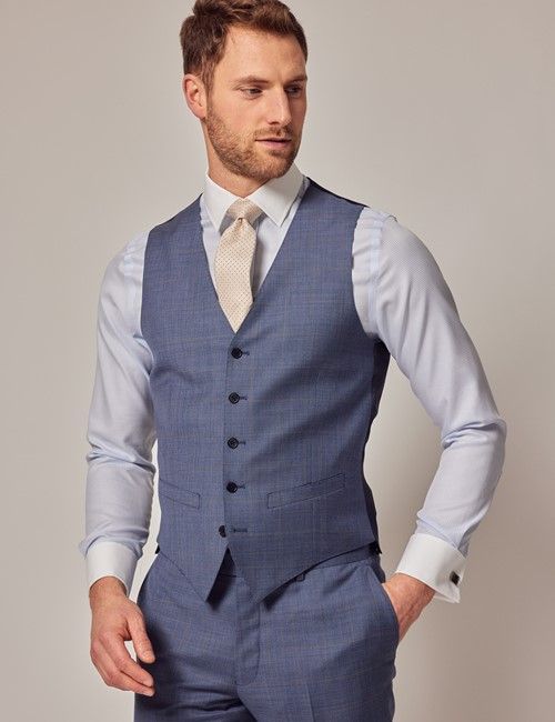 Blue & Brown Tonal Plaid Wool Slim Fit Vest