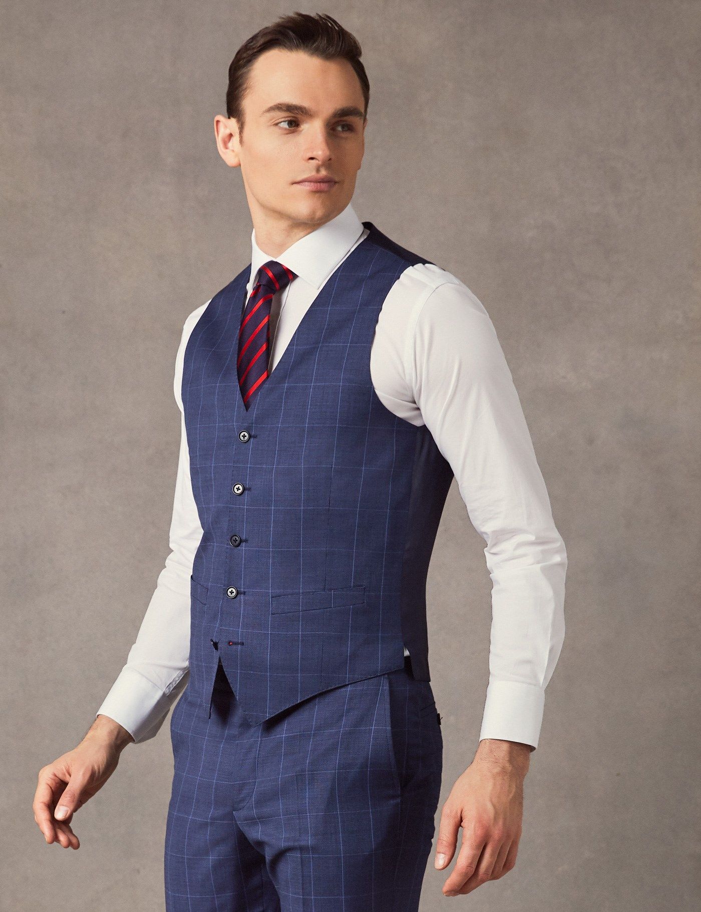 Slim Fit Mid Blue End on End Plaid Vest