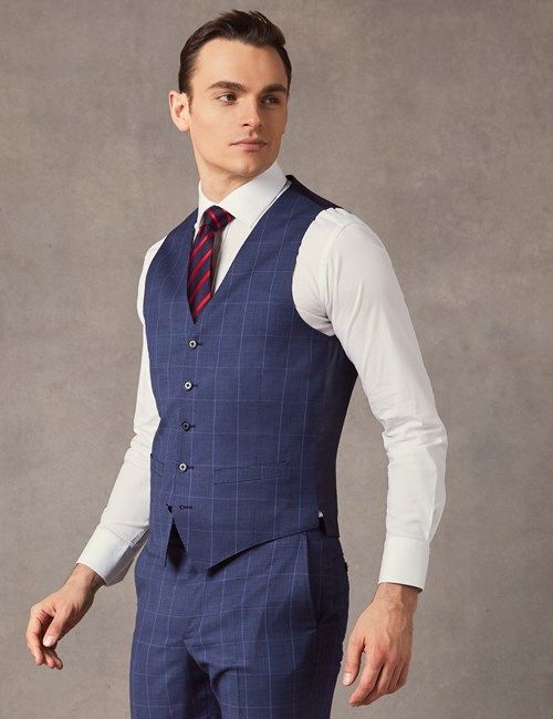 Men's Mid Blue End on End Plaid Slim Fit Vest