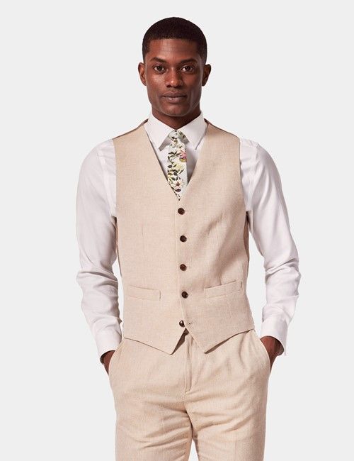 Stone Cotton Linen Slim Fit Italian Waistcoat – 1913 Collection