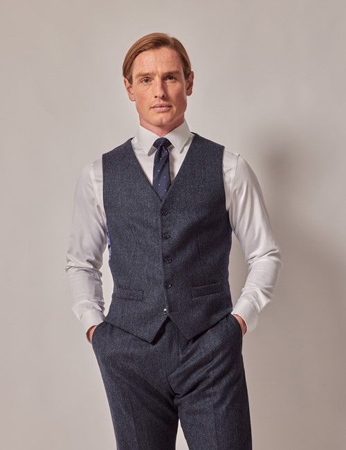 Blue Merino Herringbone Tweed Slim Suit Vest - 1913 Collection