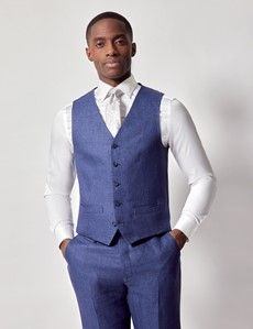 Royal Blue Semi Plain Italian Linen Tailored Fit Waistcoat - 1913 Collection