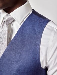 Royal Blue Semi Plain Italian Linen Tailored Fit Waistcoat - 1913 Collection-preview2