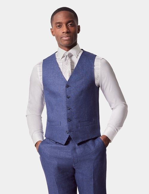 Royal Blue Semi Plain Italian Linen Tailored Fit Waistcoat - 1913 Collection
