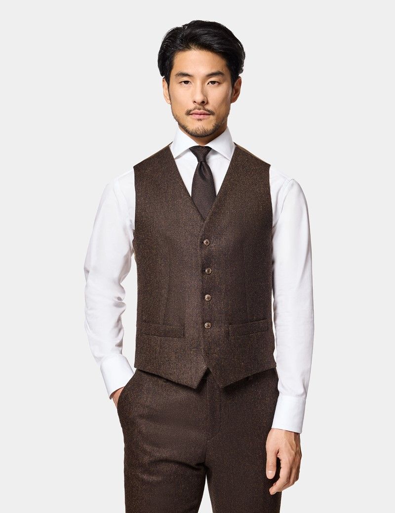 Slim Fit Brown Herringbone 1913 Suit Waistcoat thumbnail 2