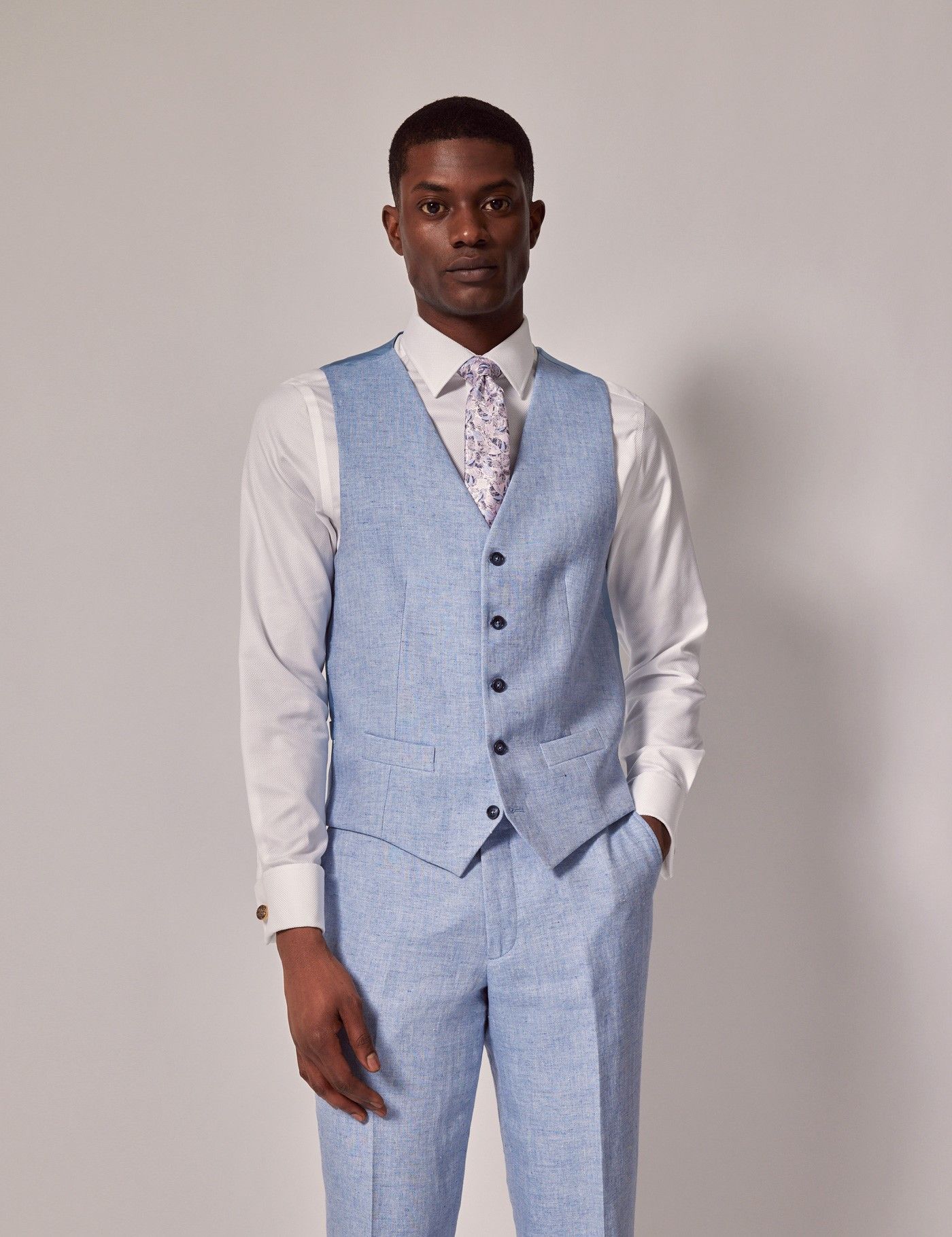 Men s Light Blue Linen Herringbone Tailored Fit Italian Waistcoat 1913 Collection Hawes Curtis