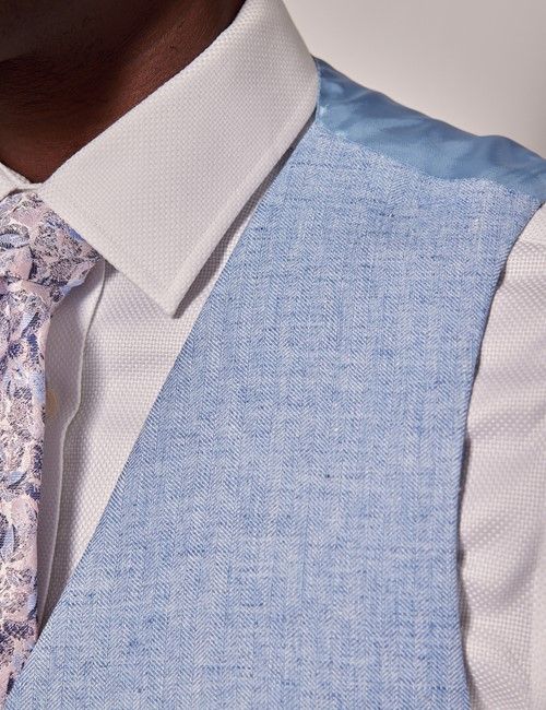 Light Blue Linen Herringbone Tailored Fit Italian Waistcoat – 1913 Collection-preview