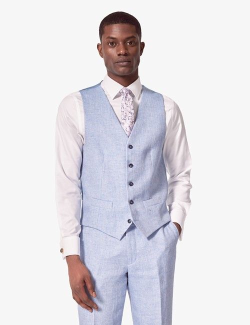 Light Blue Linen Herringbone Tailored Fit Italian Waistcoat – 1913 Collection 