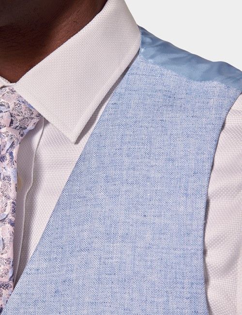 Light Blue Linen Herringbone Tailored Fit Italian Waistcoat – 1913 Collection-preview
