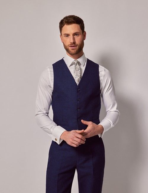 Royal Blue Herringbone Linen Tailored Fit Italian Vest - 1913 Collection