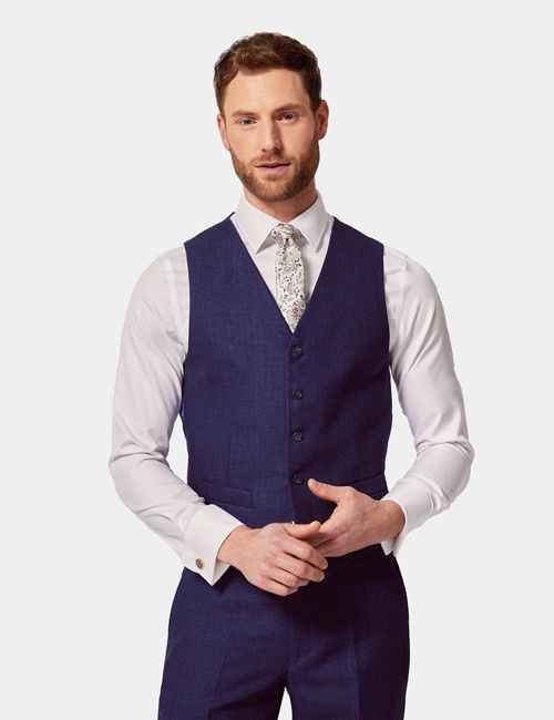 Royal Blue Herringbone Linen Tailored Fit Italian Vest - 1913 Collection