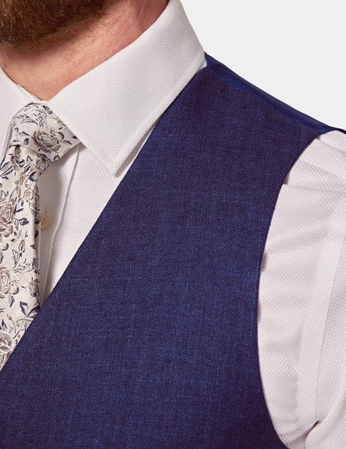 Royal Blue Herringbone Linen Tailored Fit Italian Vest - 1913 Collection-preview