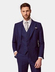 Royal Blue Herringbone Linen Tailored Fit Italian Vest - 1913 Collection-preview4