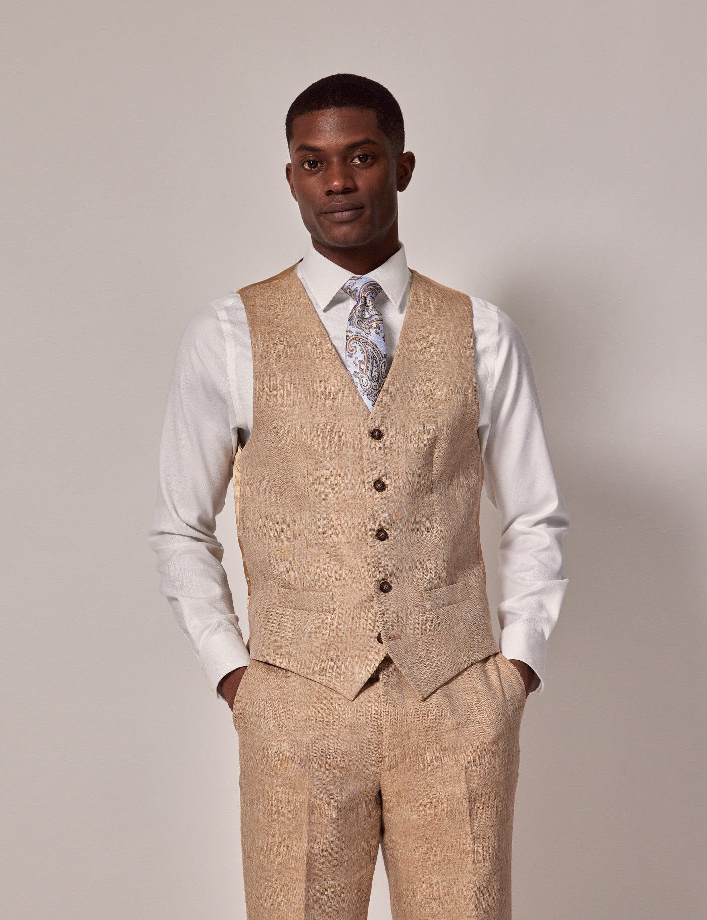 Beige Linen Herringbone Tailored Italian Waistcoat 1913 Collection Hawes and Curtis