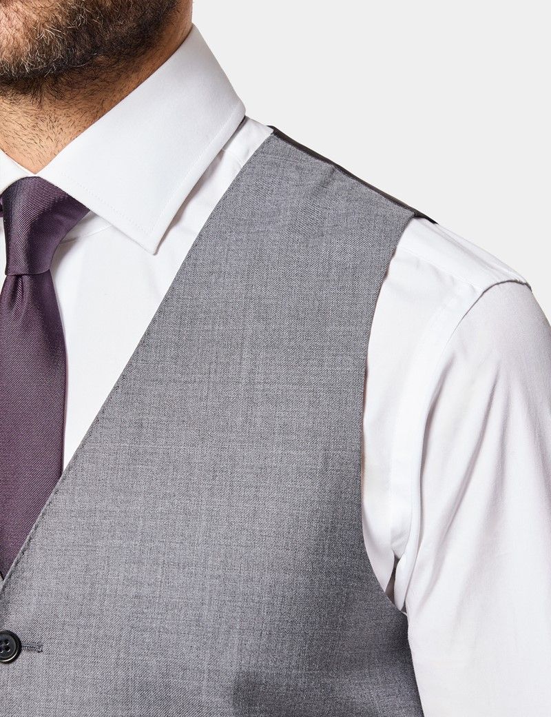 Slim Fit Mid Grey Twill Waistcoat thumbnail 3