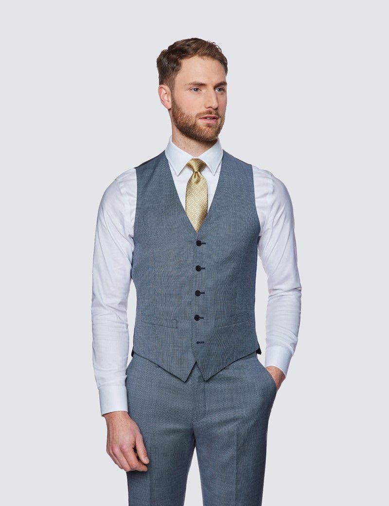 Blue shops shirt grey waistcoat