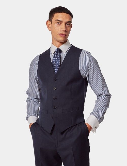 Navy Sharkskin Slim Suit Waistcoat 