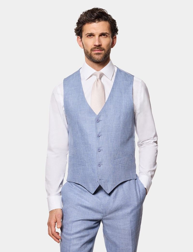 Tailored Fit Blue Linen Waistcoat thumbnail 2