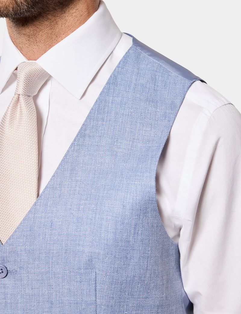 Tailored Fit Blue Linen Waistcoat thumbnail 3