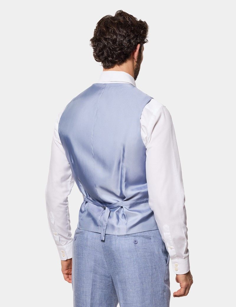 Tailored Fit Blue Linen Waistcoat thumbnail 4