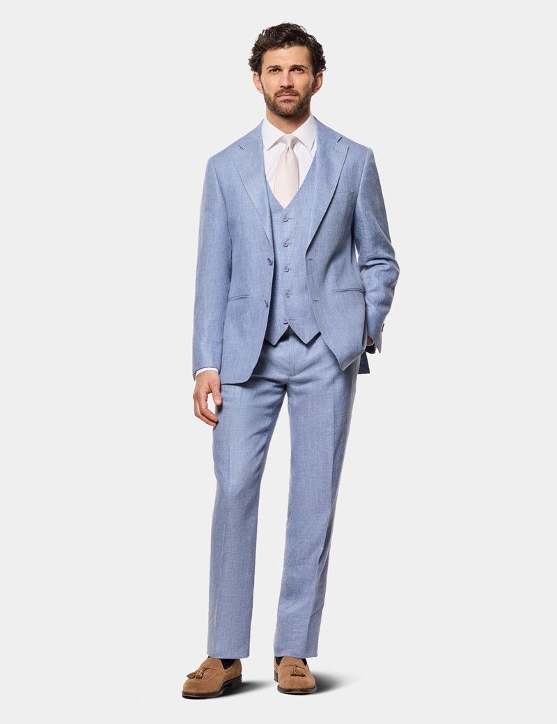 Tailored Fit Blue Linen Waistcoat thumbnail 5
