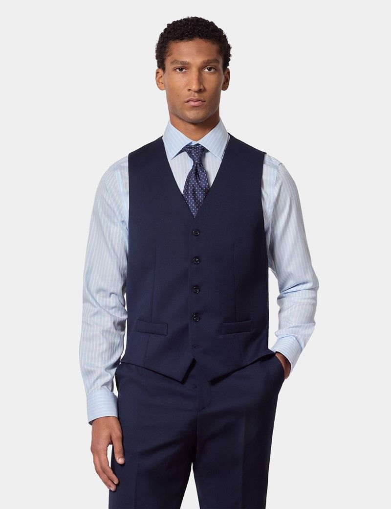 Tailored Fit Dark Blue Twill Waistcoat thumbnail 2