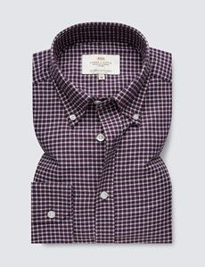 Burgundy & White Brushed Cotton Medium Check Shirt With Button Down Collar-preview4